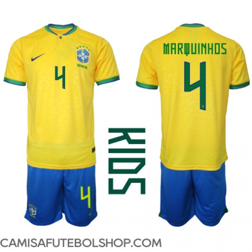 Camisa de time de futebol Brasil Marquinhos #4 Replicas 1º Equipamento Infantil Mundo 2022 Manga Curta (+ Calças curtas)